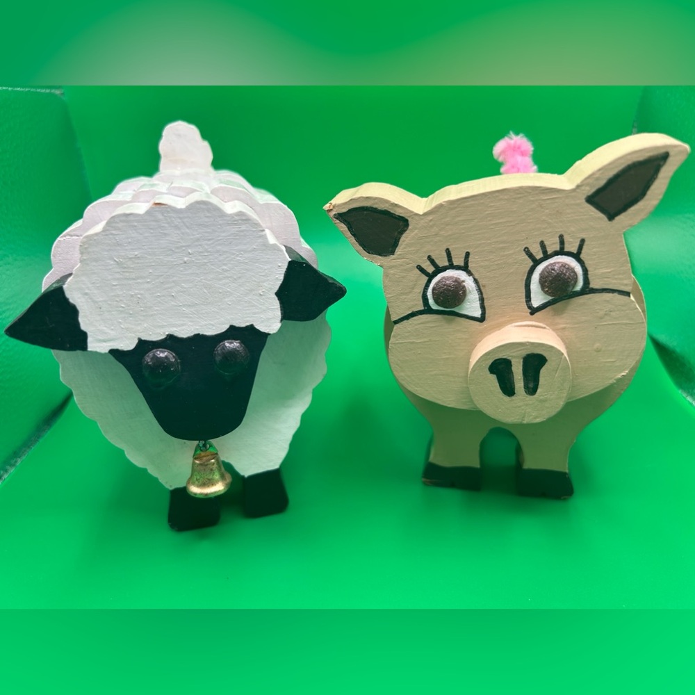 Crafted wooden farm animals. Cute piggy and sweets little lamb. Sold as a set.